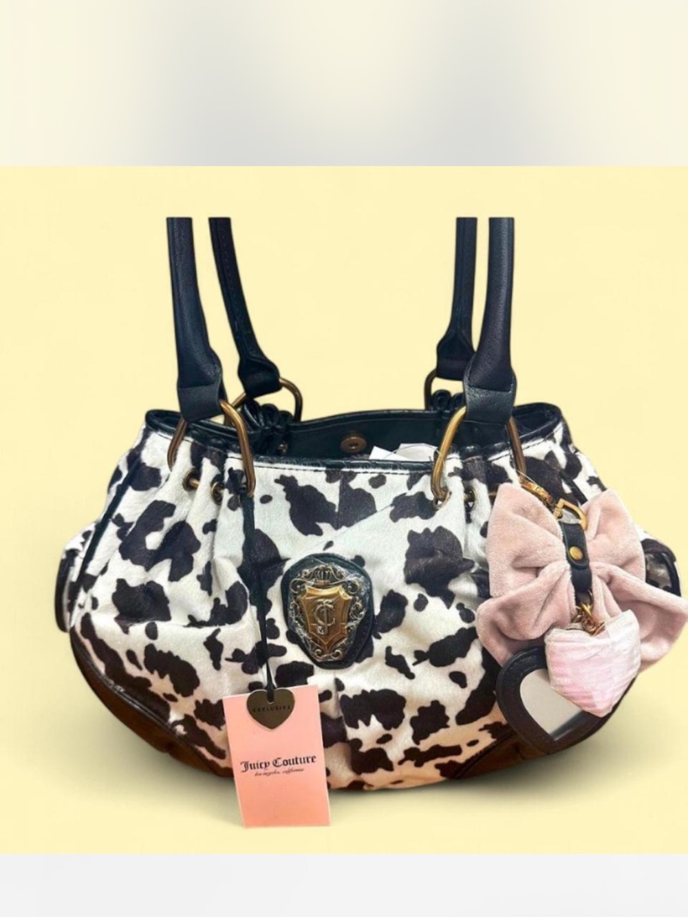 Juicy Couture Black & White Cowprint Romance Satchel Bag with Pink Bow Charm